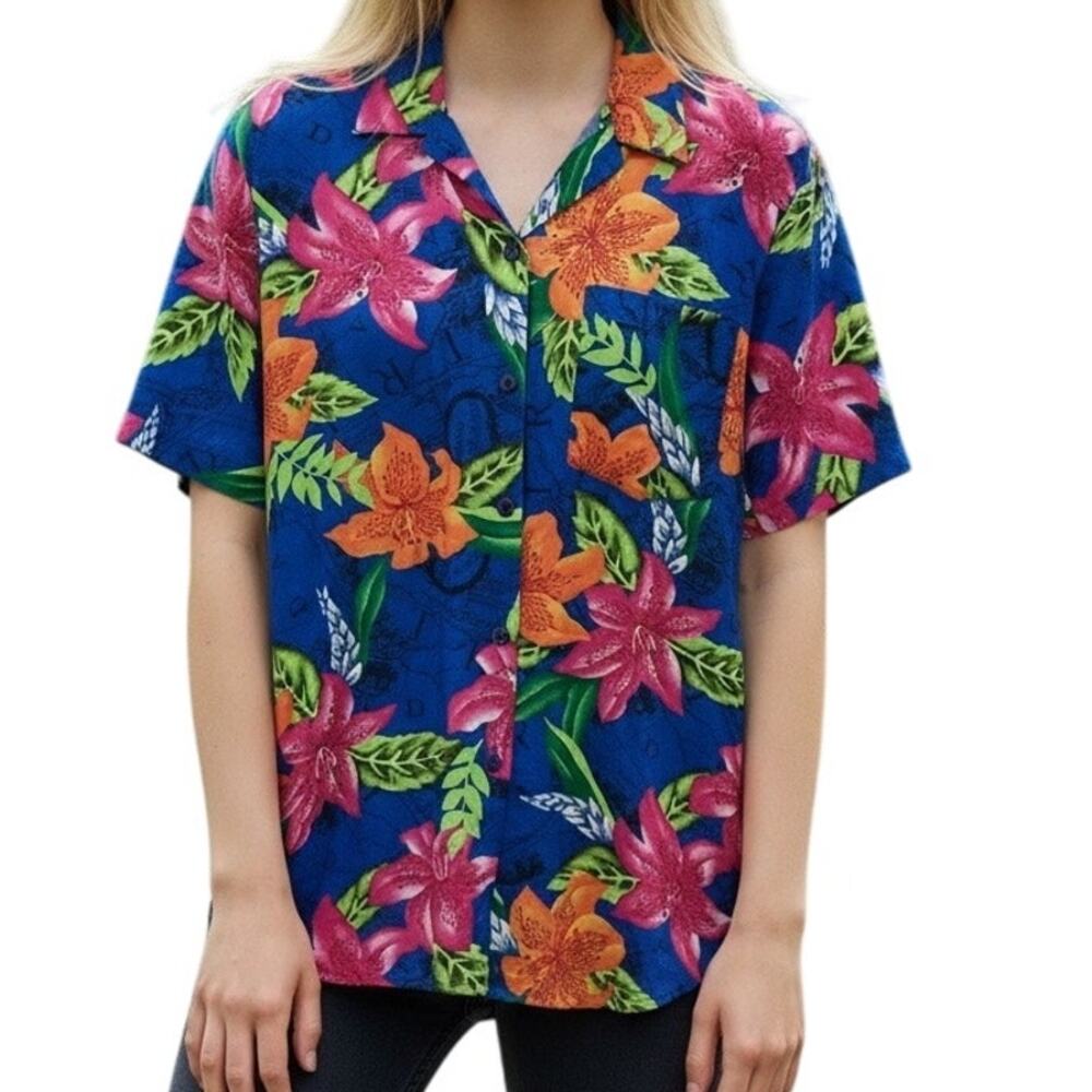 Vintage Paris Sport Club Hawaiian Shirt Women's S Blue Floral Rayon Button Up